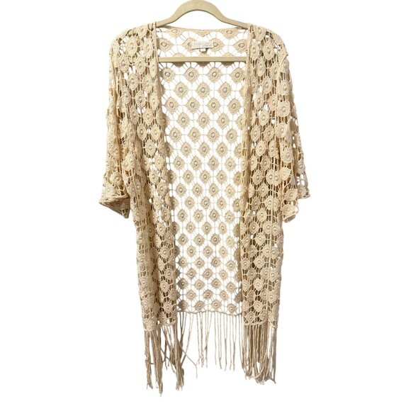 Rebellion Boho Crochet Lace Kimono Cardigan With Fringe  Size L - Picture 2 of 12